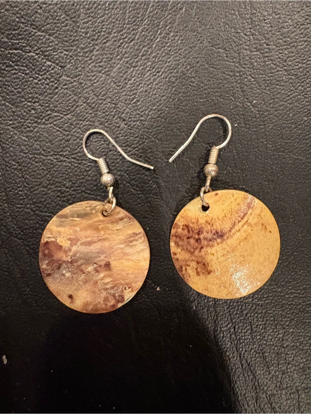 Round Natural Wood Tone Drop Earrings - Brown